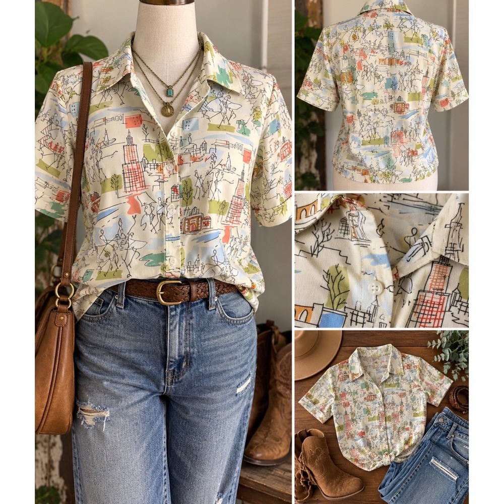 White Stag Button Up Shirt Novelty Print Short Sleeve Top